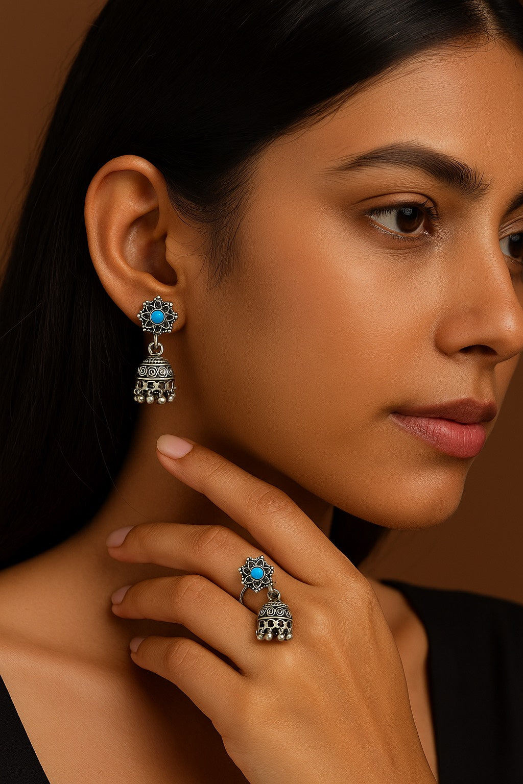 Oxidized Silver Jhumka Earrings with Turquoise Stone | Ethnic Boho Jewelry