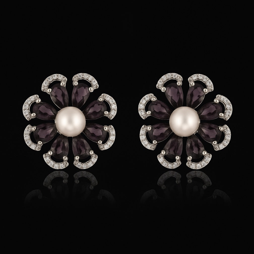 925 Silver Pearl & Amethyst Floral Earrings