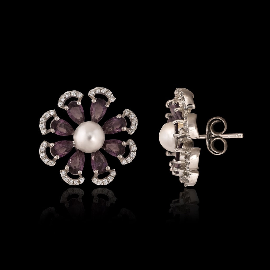 925 Silver Pearl & Amethyst Floral Earrings