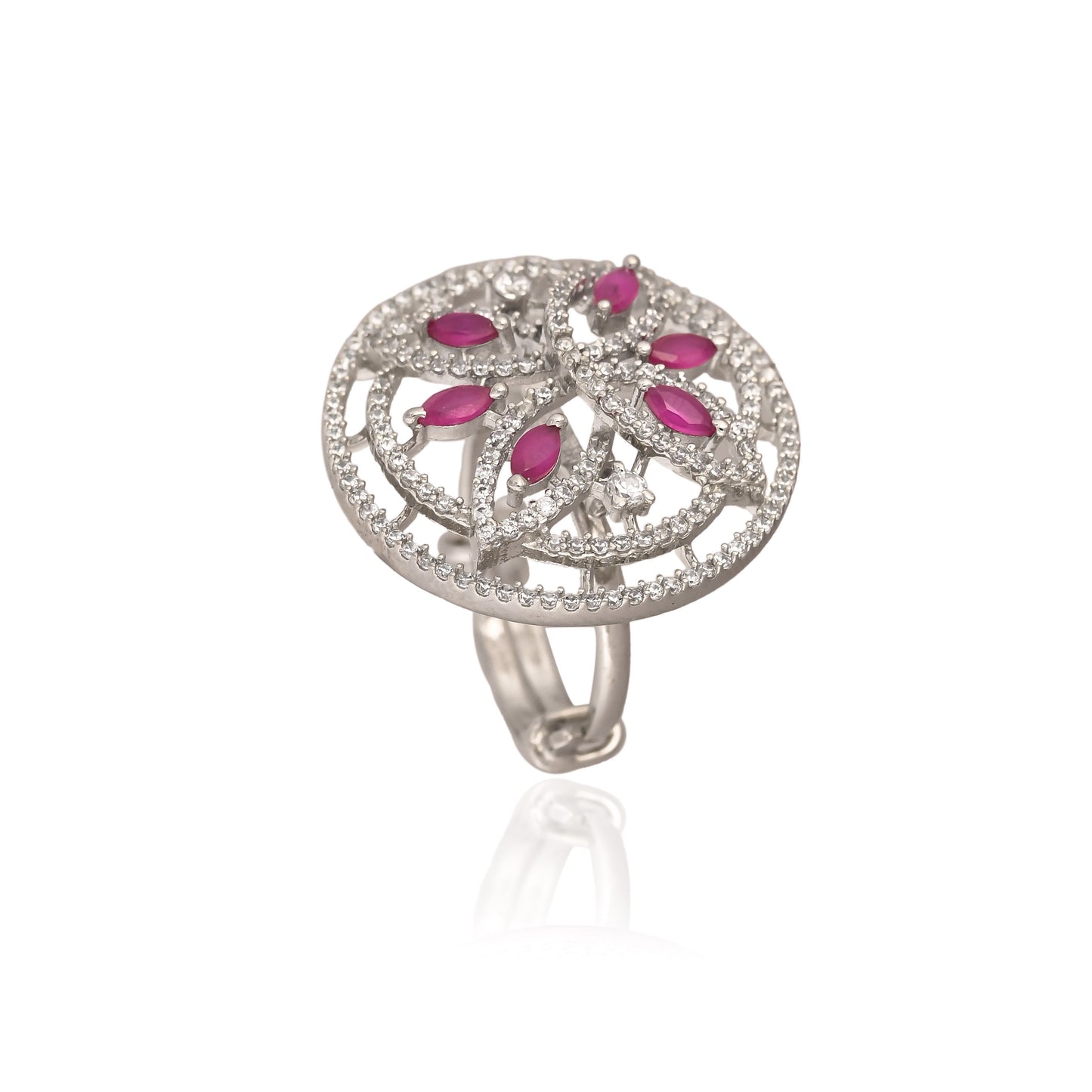 925 Silver Ruby Floral Round Ring