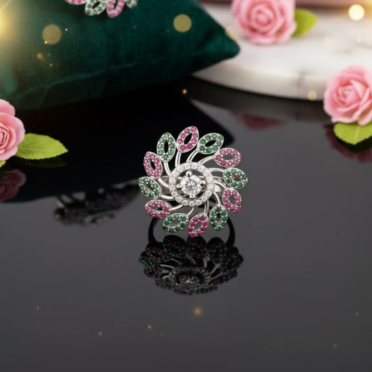 925 Silver Floral Multicolor Zircon Ring