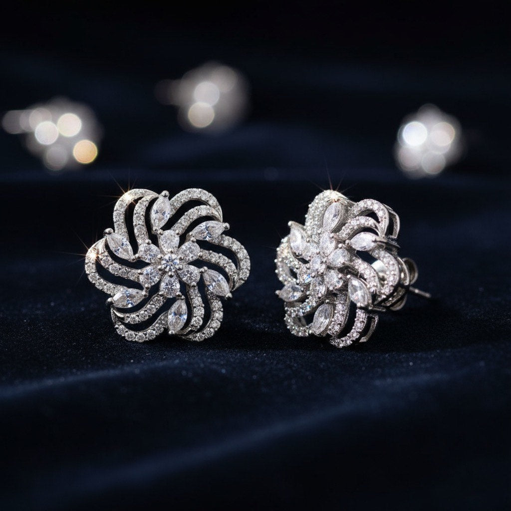 925 Silver Floral Zircon Stud Earrings | Sparkling Statement Earrings