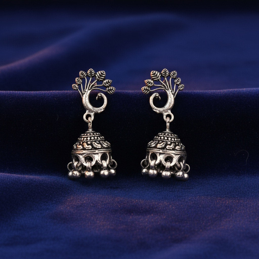 Rasvi Peacock Oxidized Silver Jhumka Earrings – Traditional Statement Jewelry