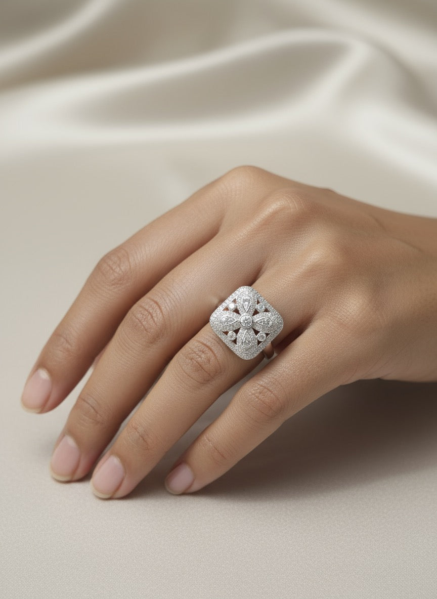 925 Silver Floral Multicolor Zircon Ring | Statement Cocktail Ring