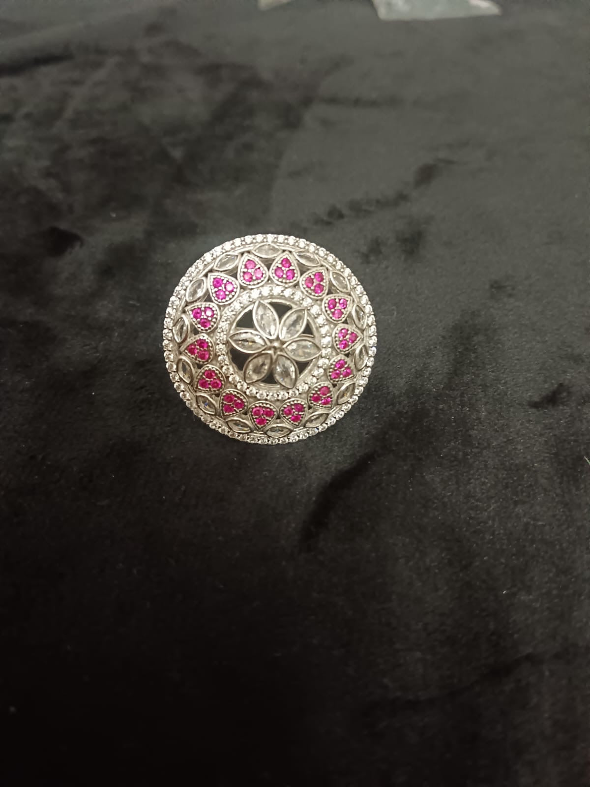 Vintage Silver Ring with Pink Stone Floral Design – One of a Kind