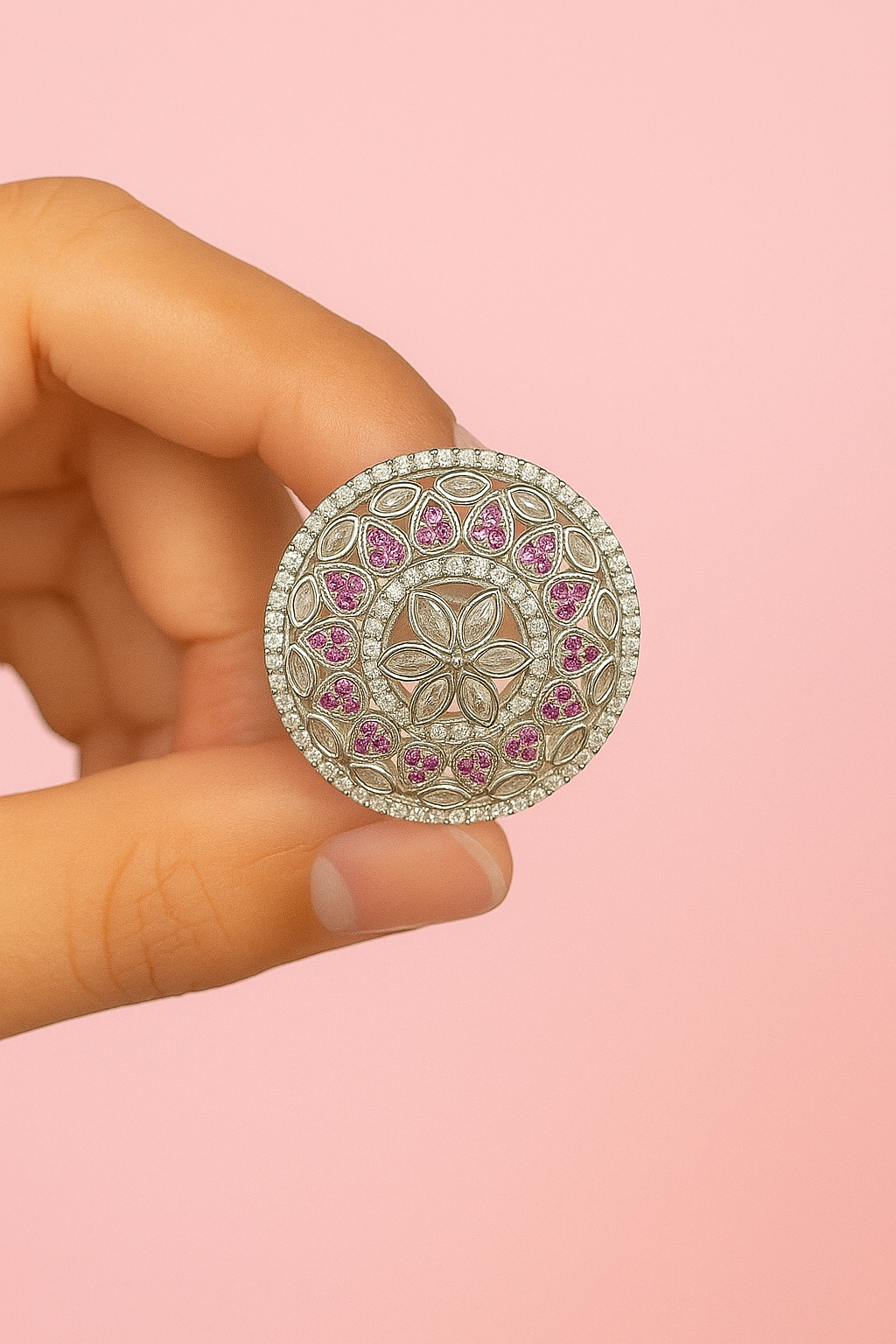 Vintage Silver Ring with Pink Stone Floral Design – One of a Kind