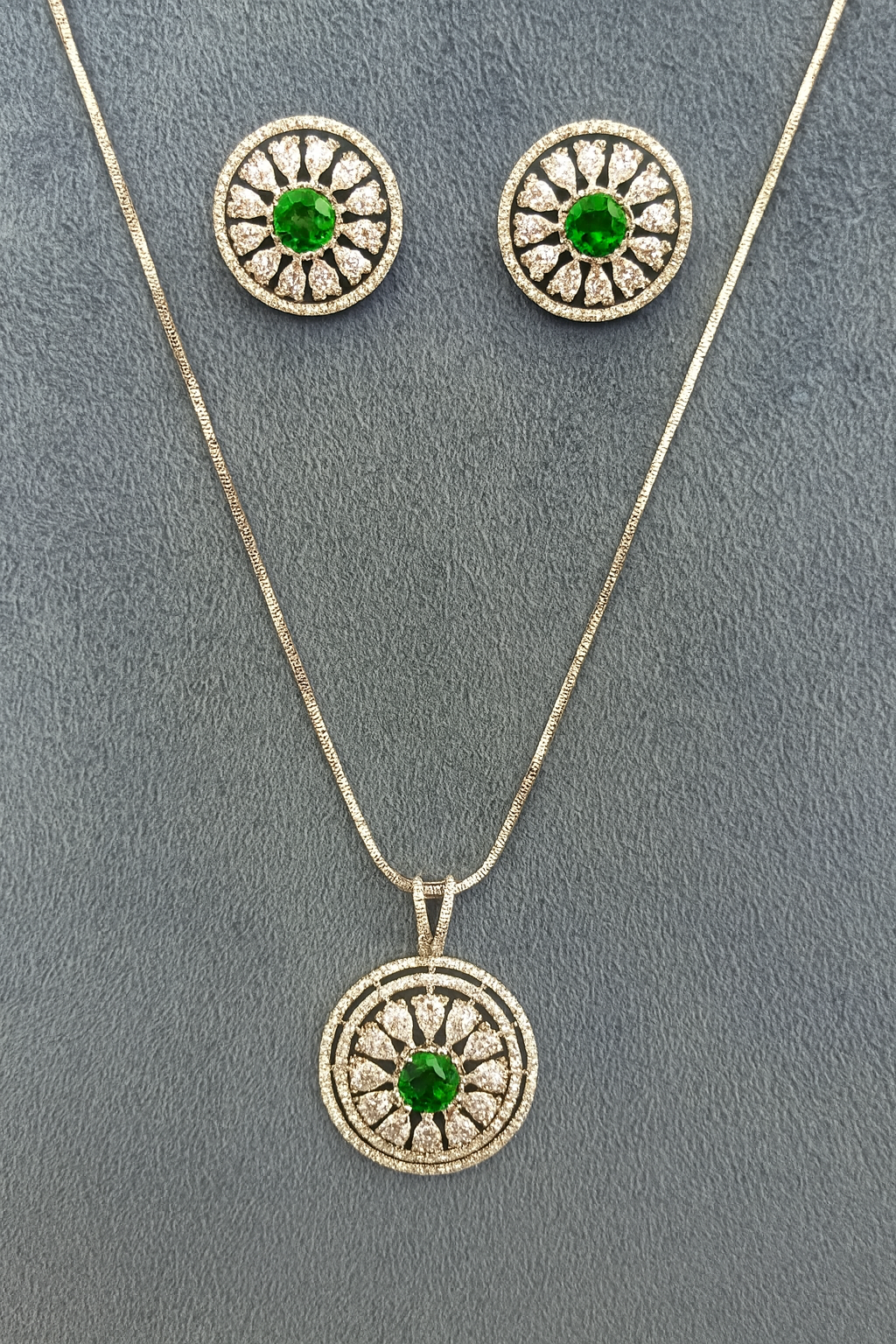 Elegant Silver Necklace & Earring Set with Green Stone Center