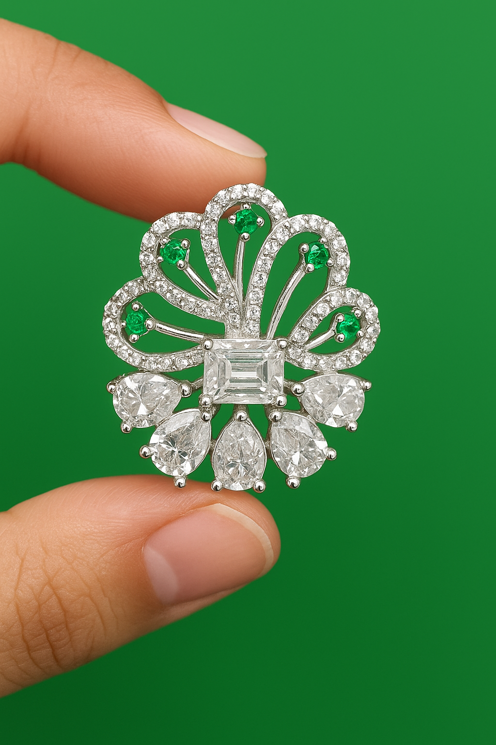 Elegant Silver Ring with Emerald Accents & Teardrop CZ Stones – One of a Kind