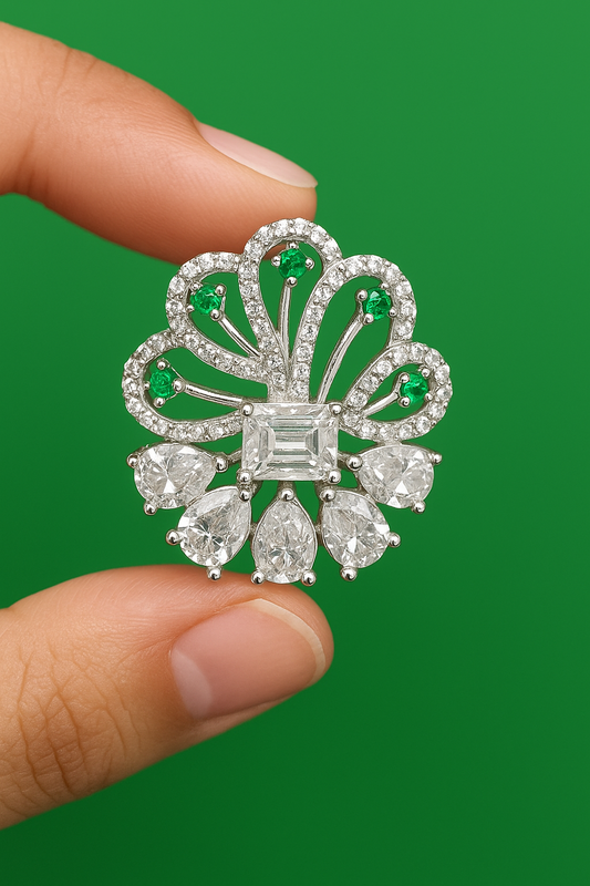 Elegant Silver Ring with Emerald Accents & Teardrop CZ Stones – One of a Kind