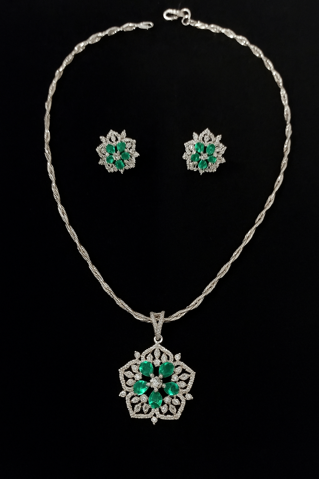 Elegant Silver Necklace & Earrings Set with Green Stone Detailing
