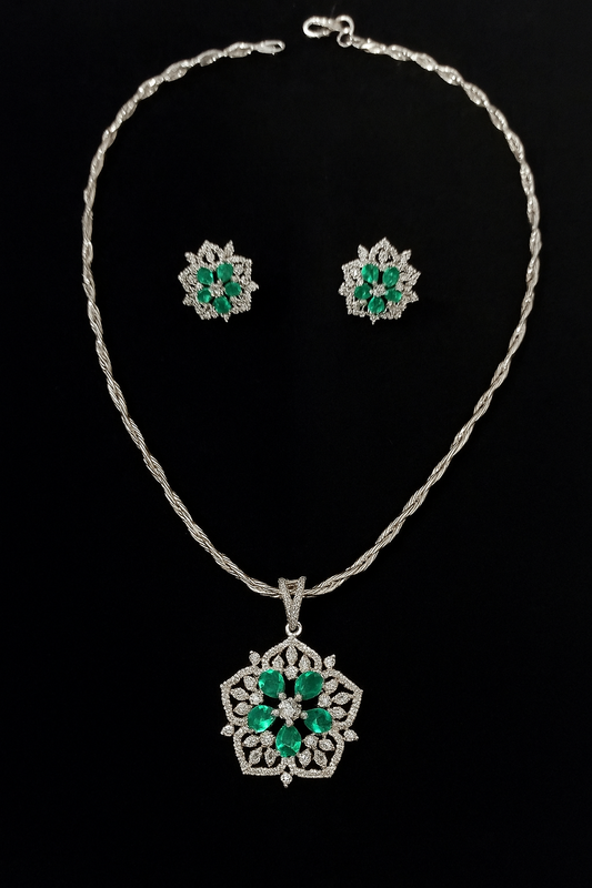 Elegant Silver Necklace & Earrings Set with Green Stone Detailing