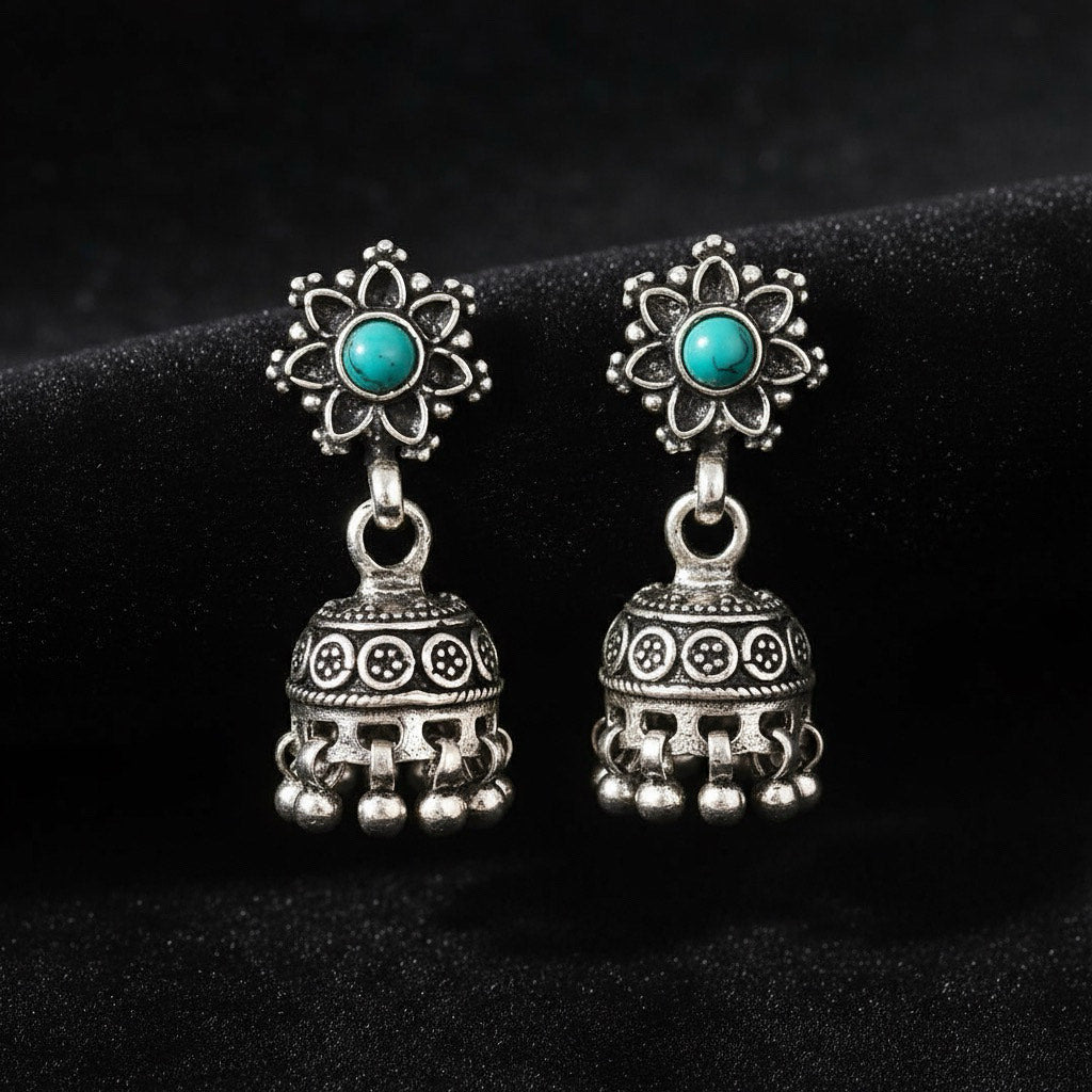Oxidized Silver Jhumka Earrings with Turquoise Stone | Ethnic Boho Jewelry