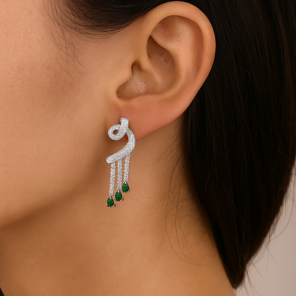 925 Sterling Silver Green Stone Luxury Drop Earrings | Rasvi Jewels
