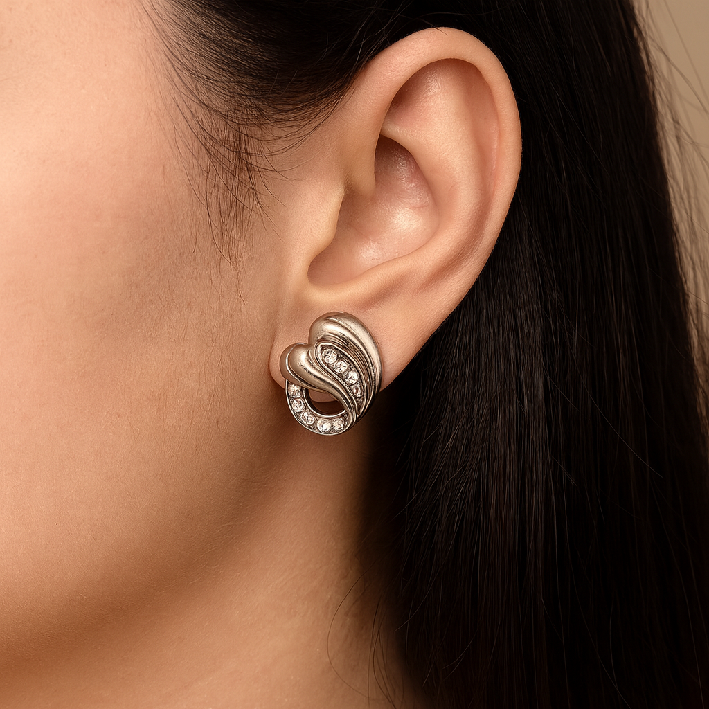 Heart-Shaped Silver Zircon Stud Earrings