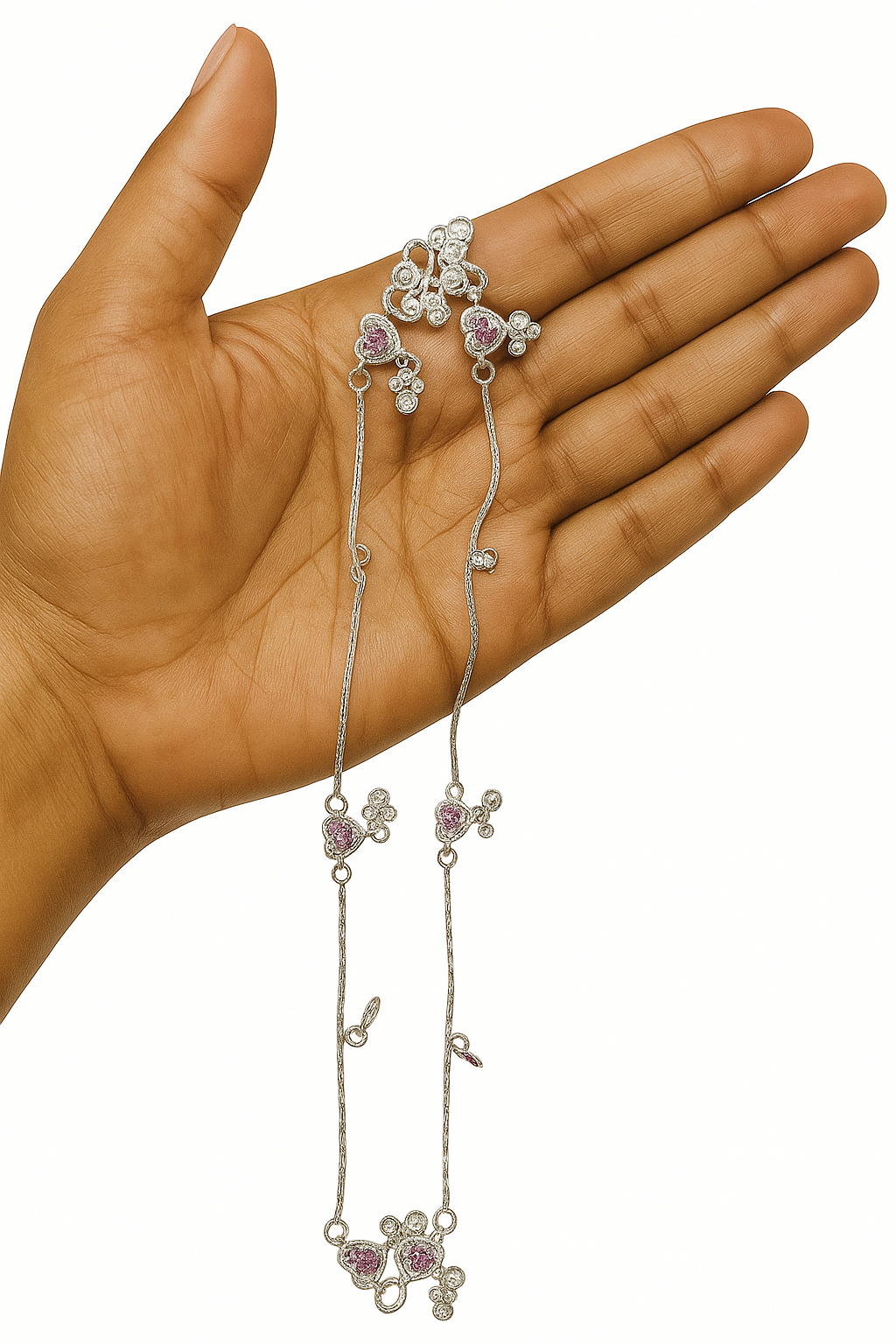 Elegant One-of-a-Kind Silver Payal with Pink Heart Stones