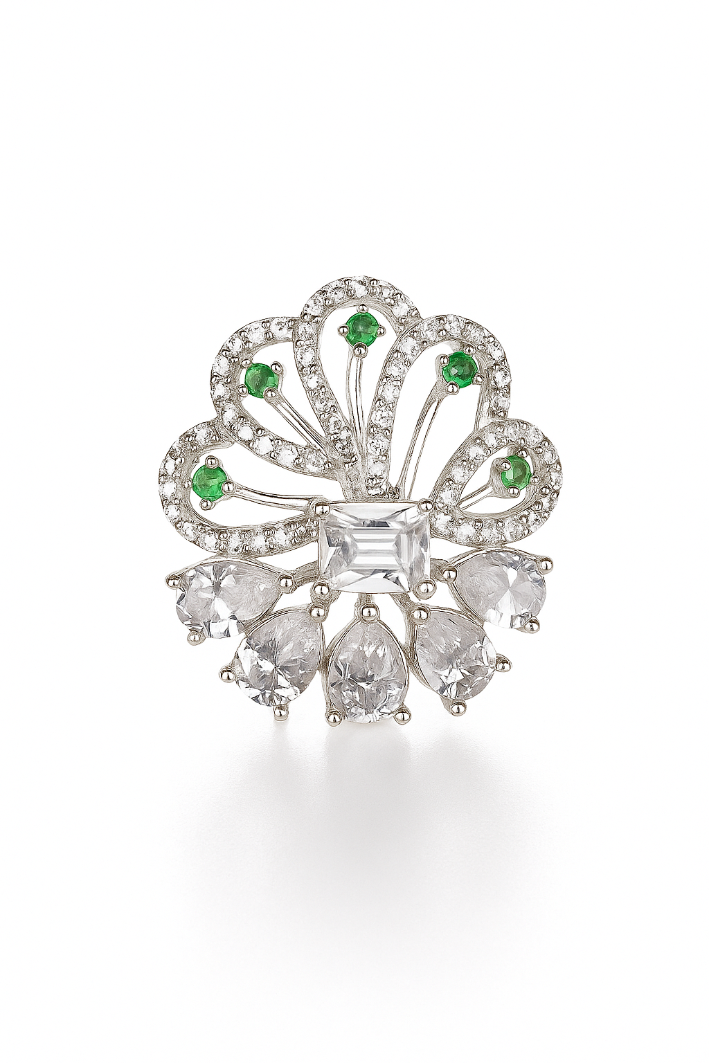 Elegant Silver Ring with Emerald Accents & Teardrop CZ Stones – One of a Kind