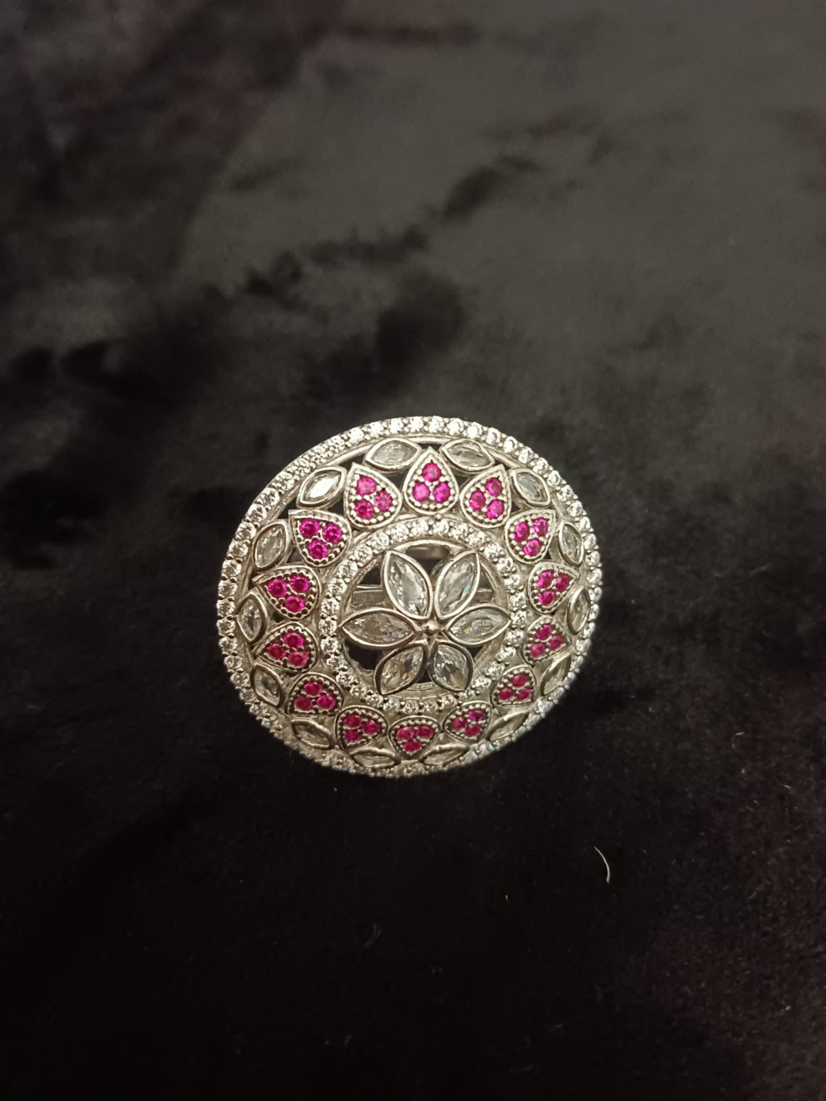 Vintage Silver Ring with Pink Stone Floral Design – One of a Kind