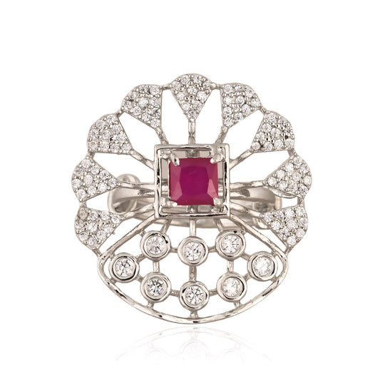 925 Silver Ruby Colored Stone & CZ Designer Ring