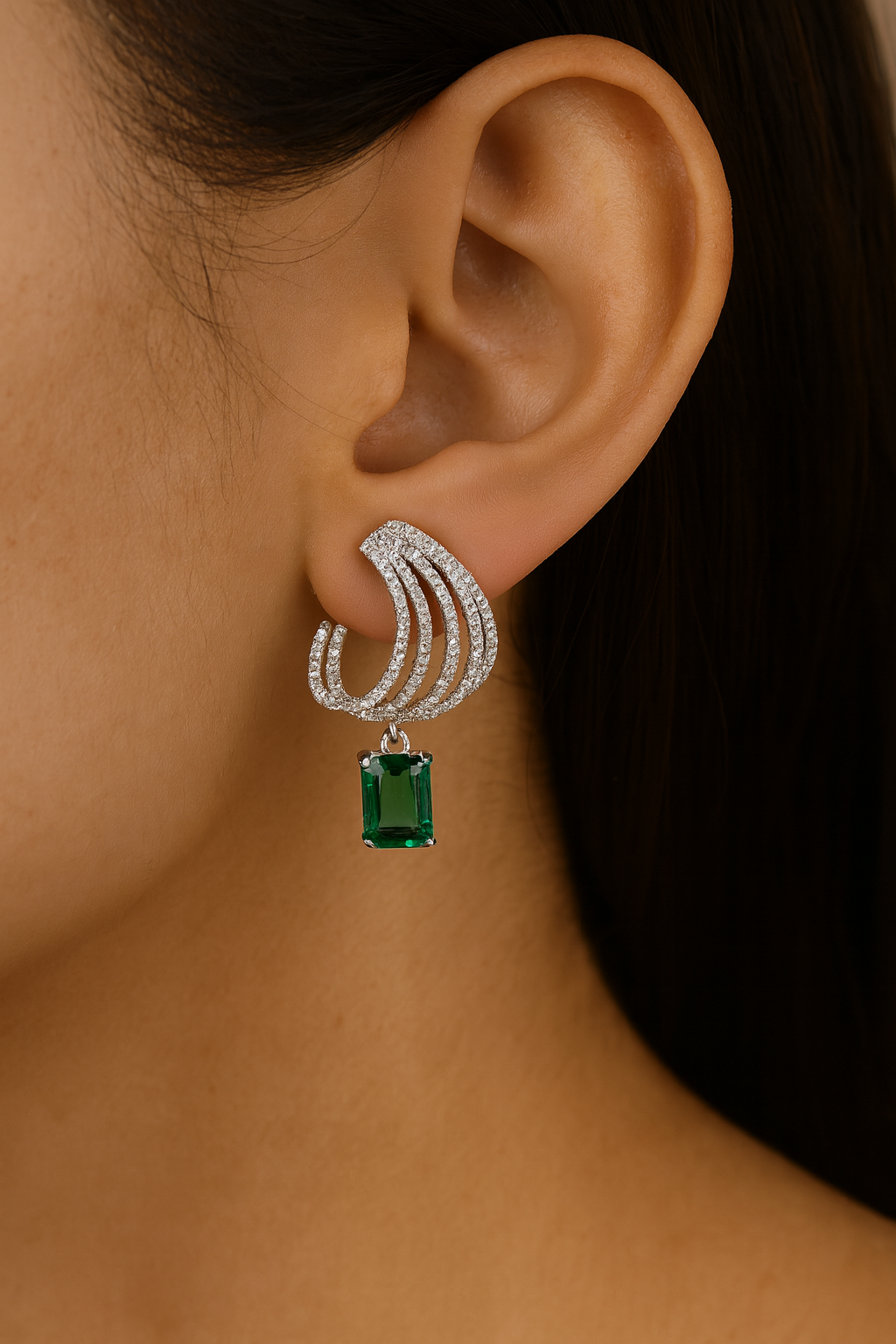 925 Sterling Silver Emerald Green Drop Earrings | Luxury Statement Silver Jewellery by Rasvi Jewels
