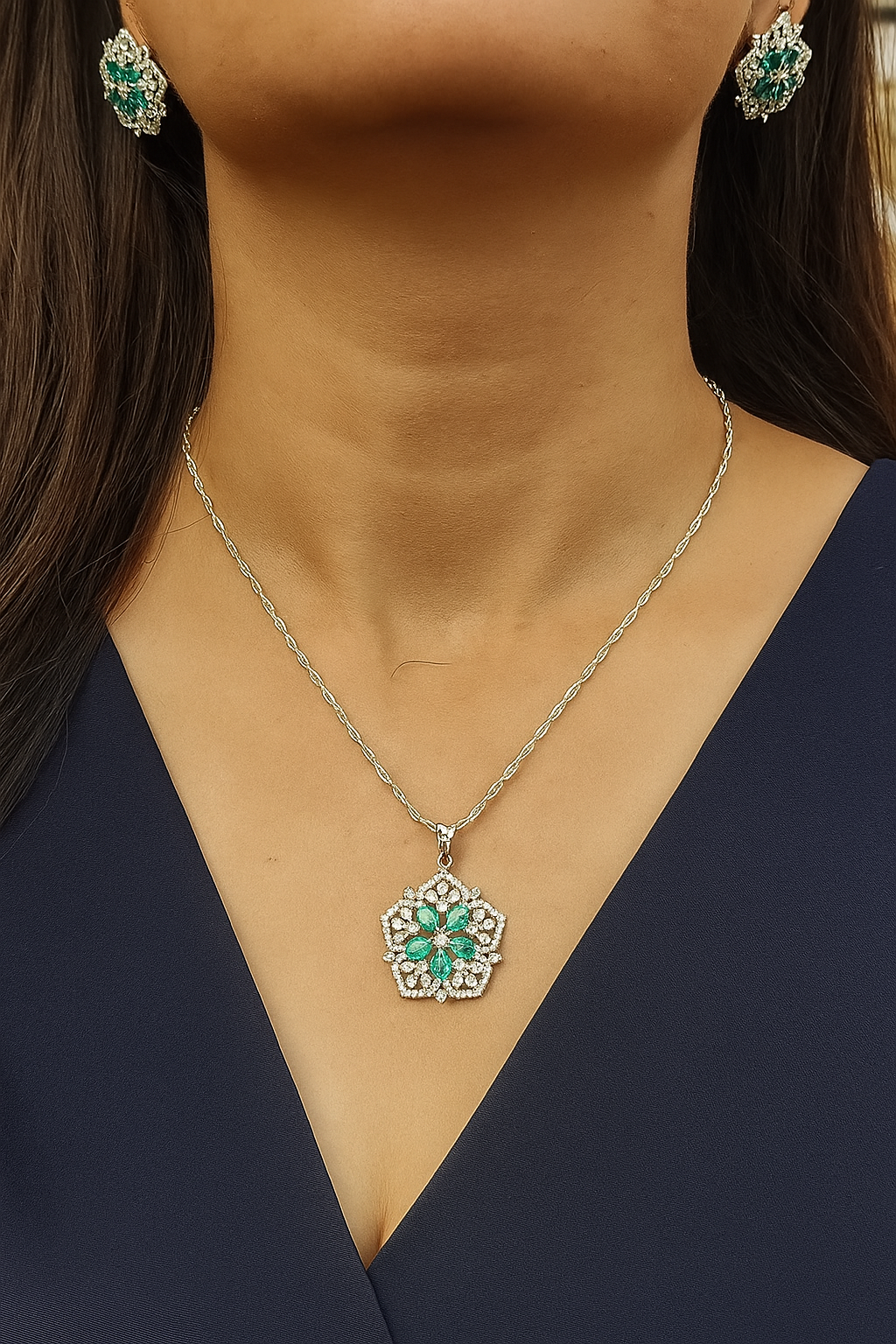 Elegant Silver Necklace & Earrings Set with Green Stone Detailing