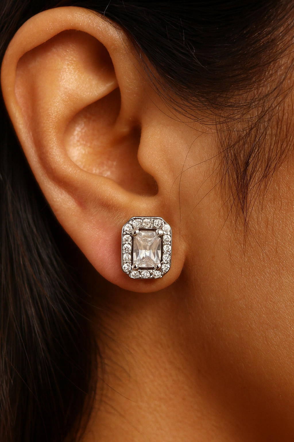 Elegant Halo Silver Stud Earrings