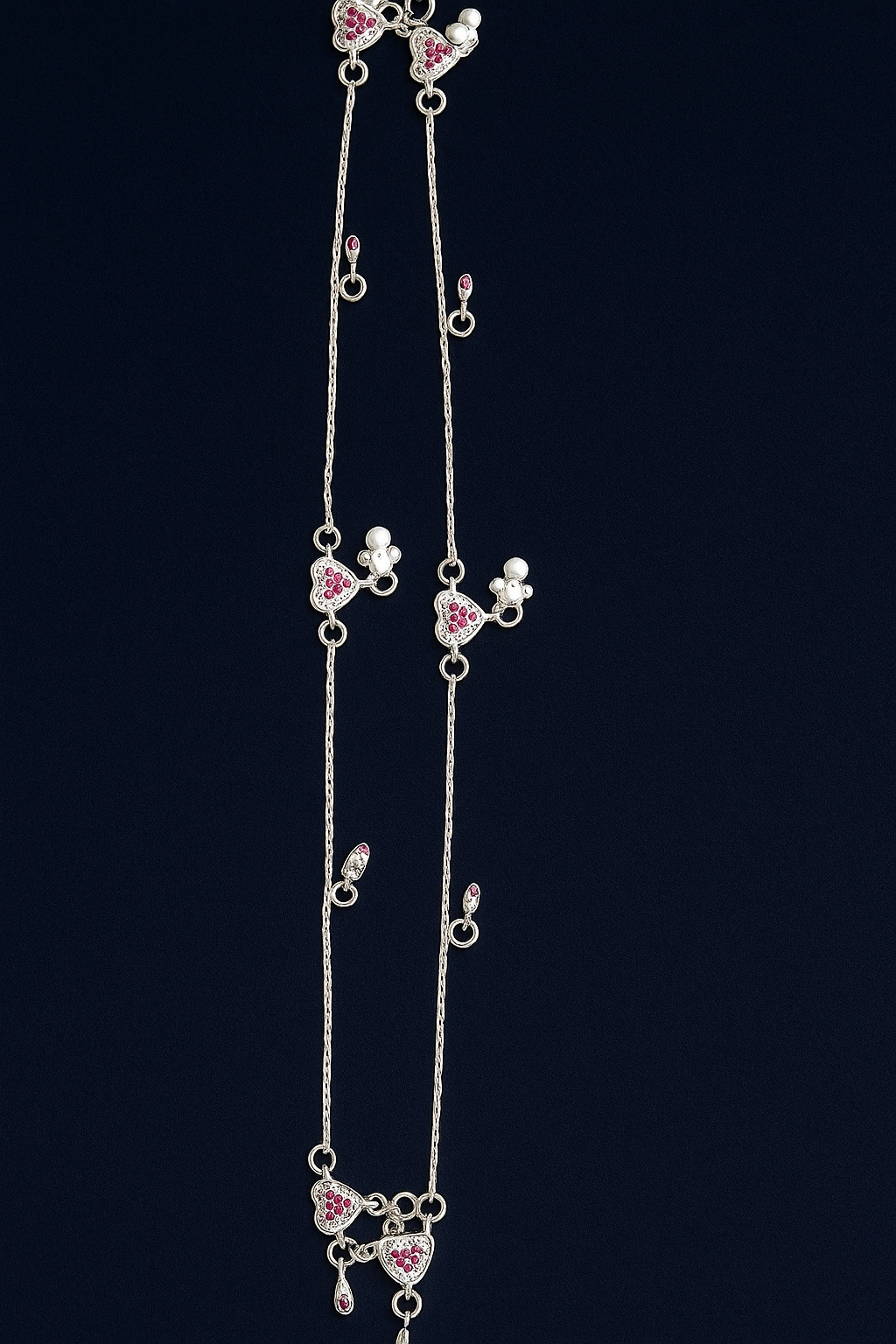 Elegant One-of-a-Kind Silver Payal with Pink Heart Stones