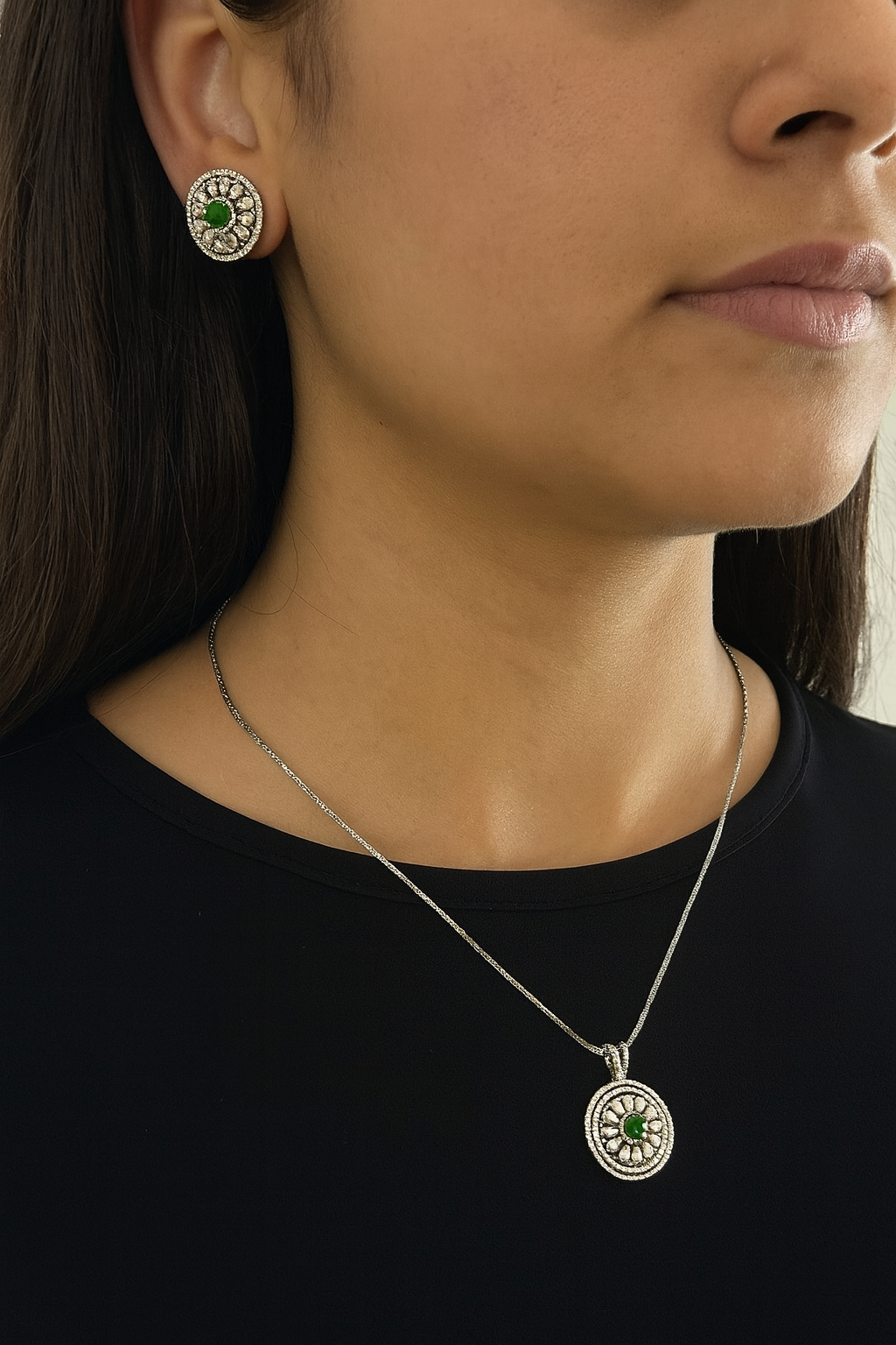 Elegant Silver Necklace & Earring Set with Green Stone Center