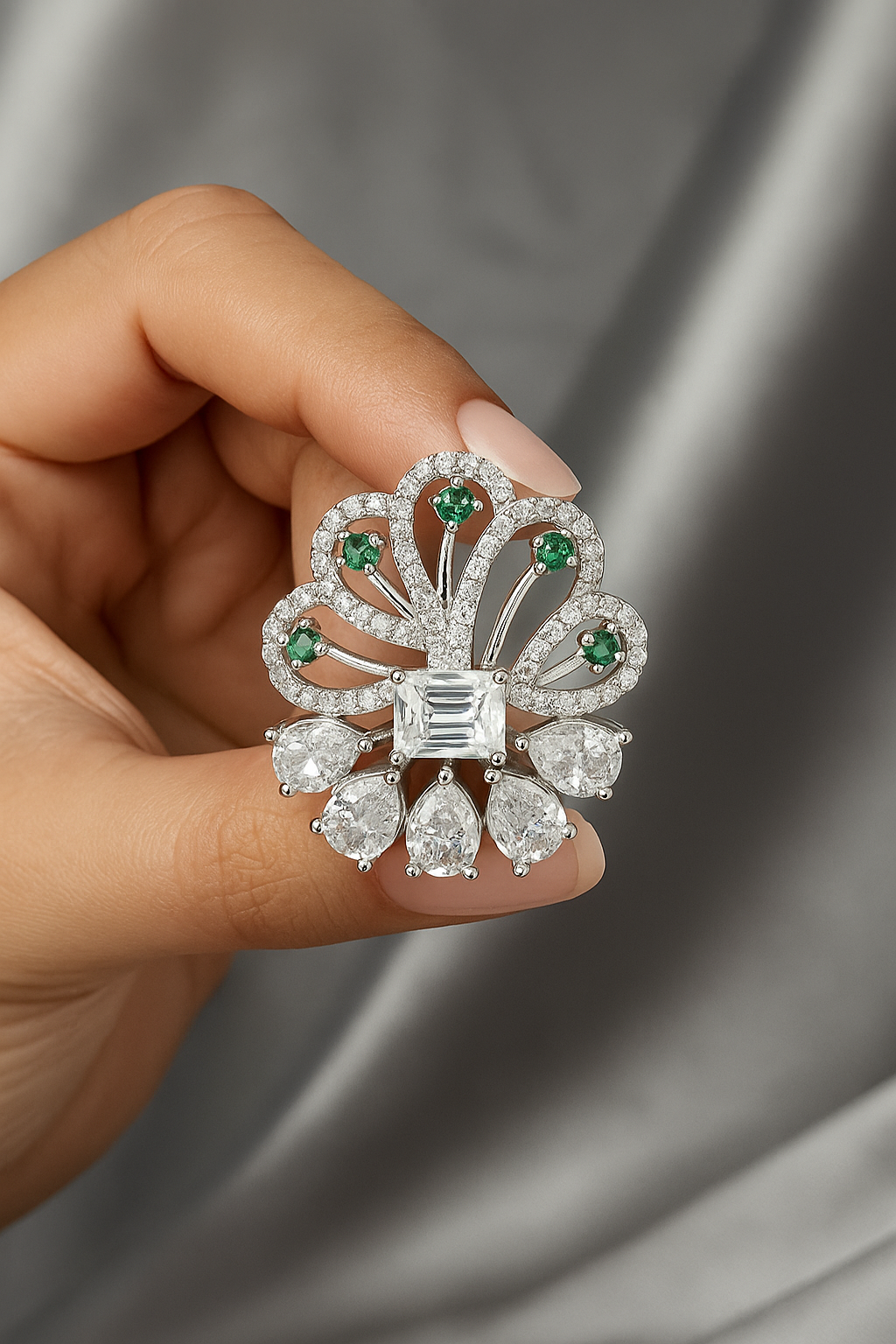 Elegant Silver Ring with Emerald Accents & Teardrop CZ Stones – One of a Kind