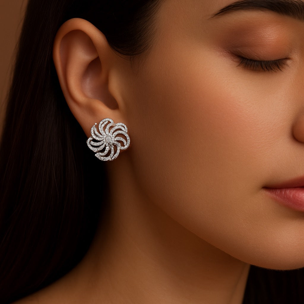 925 Silver Floral Zircon Stud Earrings | Sparkling Statement Earrings