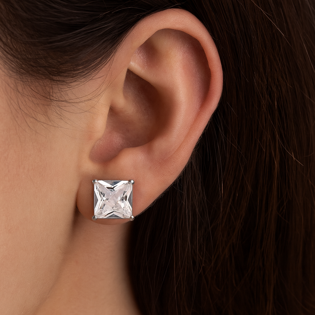 Princess-Cut Zircon Silver Stud Earrings
