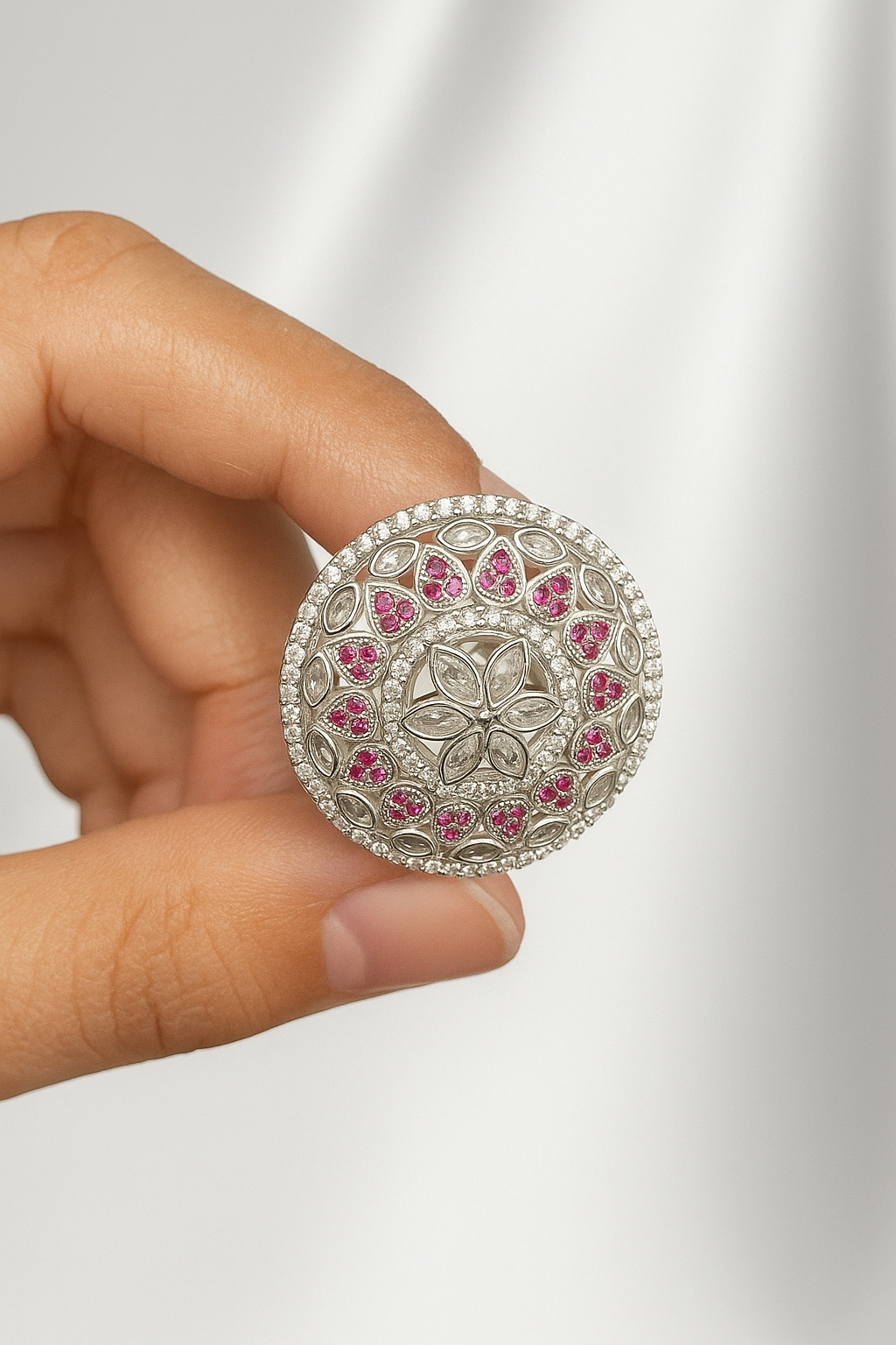 Vintage Silver Ring with Pink Stone Floral Design – One of a Kind