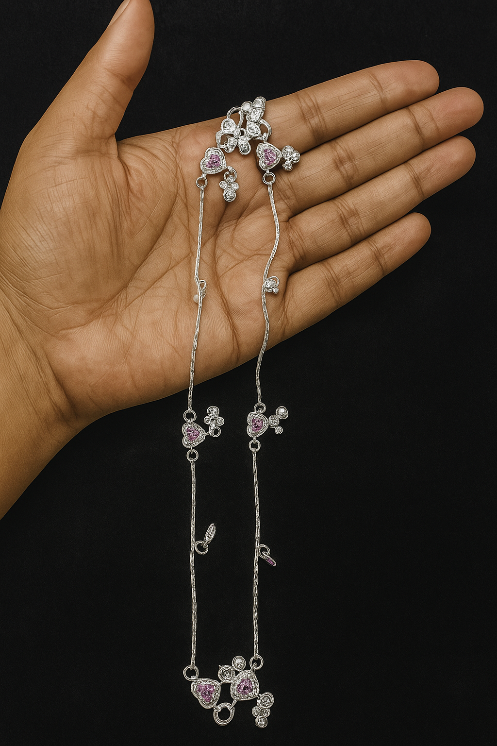 Elegant One-of-a-Kind Silver Payal with Pink Heart Stones