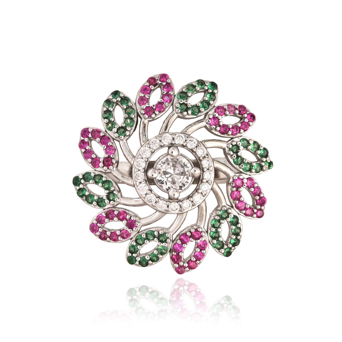 925 Silver Floral Multicolor Zircon Ring