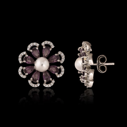 925 Silver Pearl & Amethyst Floral Earrings