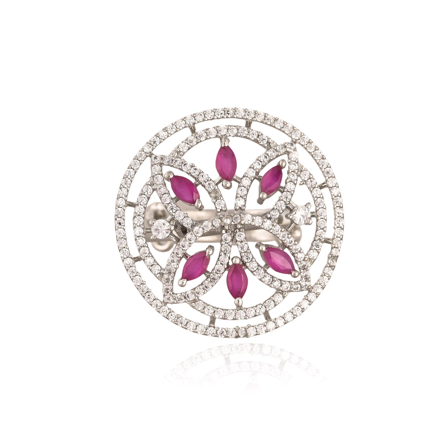 925 Silver Ruby Floral Round Ring