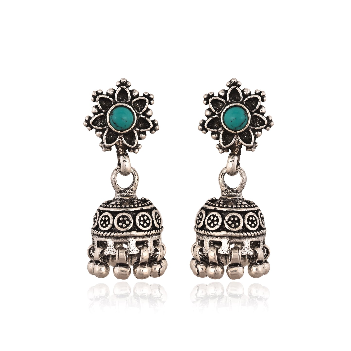 Oxidized Silver Jhumka Earrings with Turquoise Stone | Ethnic Boho Jewelry