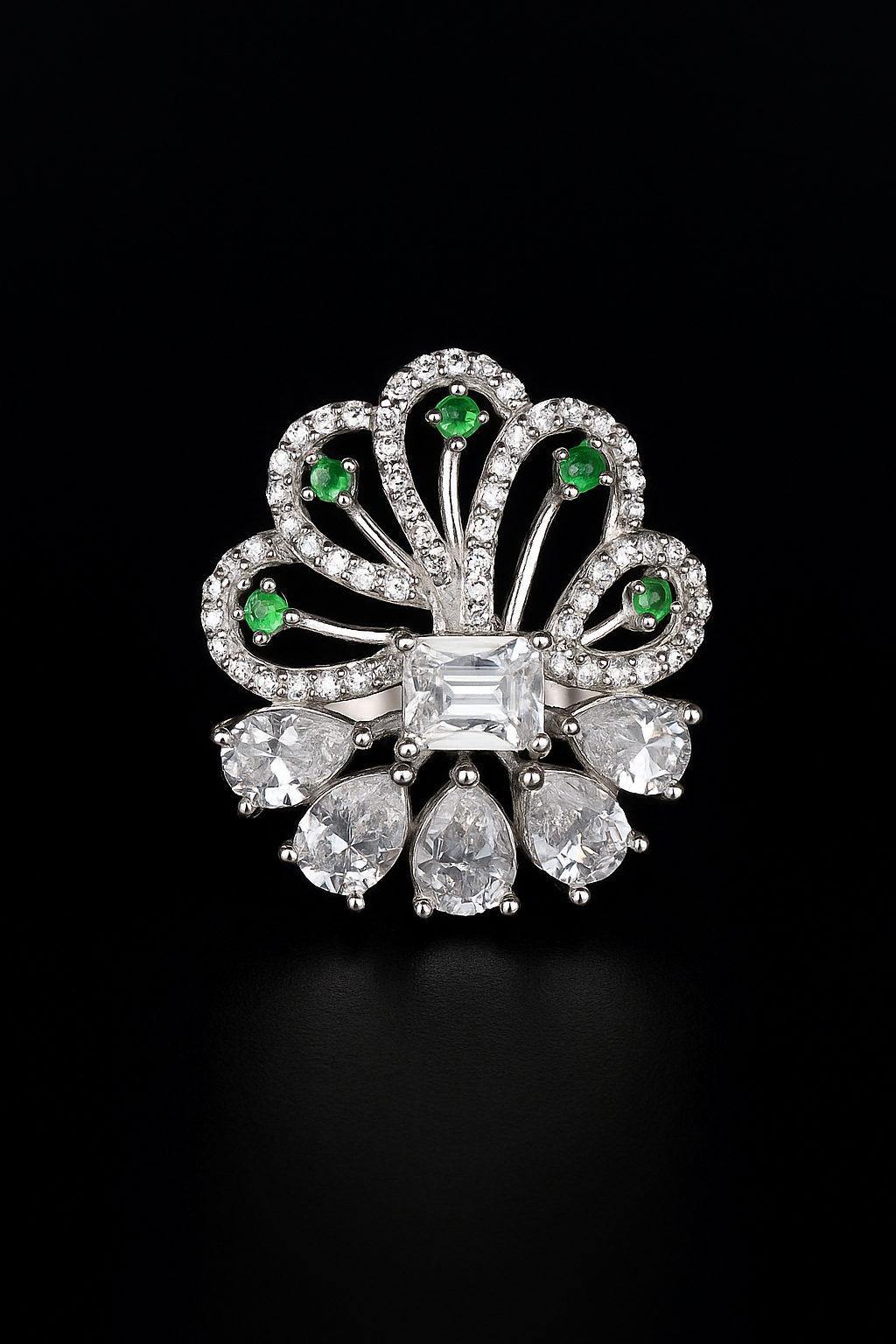 Elegant Silver Ring with Emerald Accents & Teardrop CZ Stones – One of a Kind