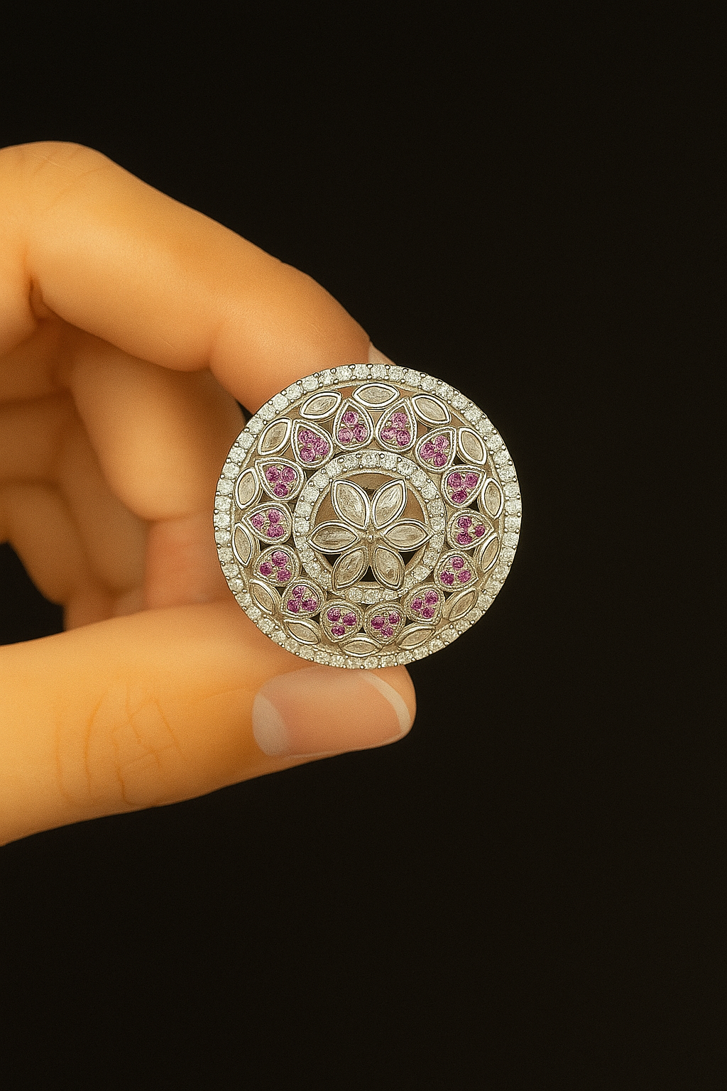 Vintage Silver Ring with Pink Stone Floral Design – One of a Kind