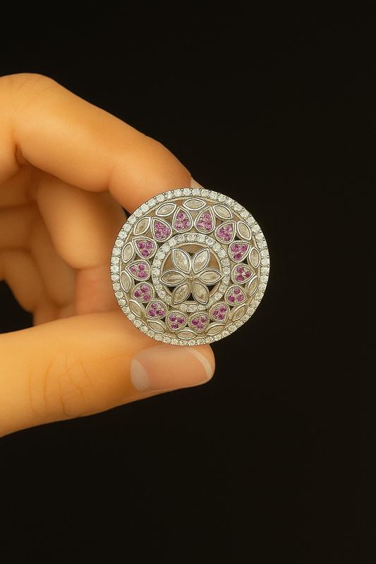 Vintage Silver Ring with Pink Stone Floral Design – One of a Kind