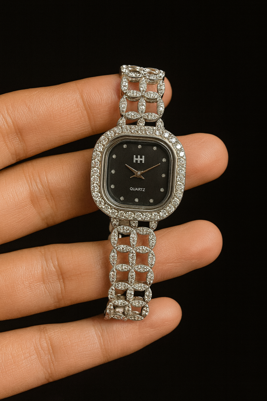 Elegant Silver Ladies Watch | Black Dial | Premium Chain-Link Design