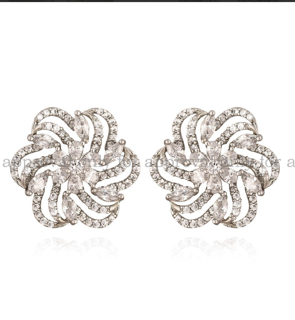 925 Silver Floral Zircon Stud Earrings | Sparkling Statement Earrings