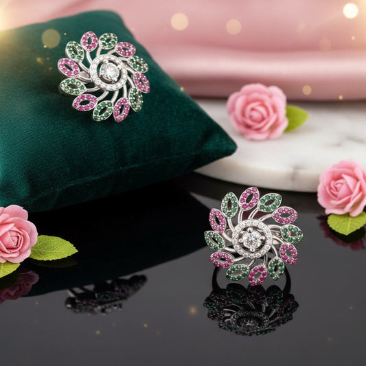 925 Silver Floral Multicolor Zircon Ring