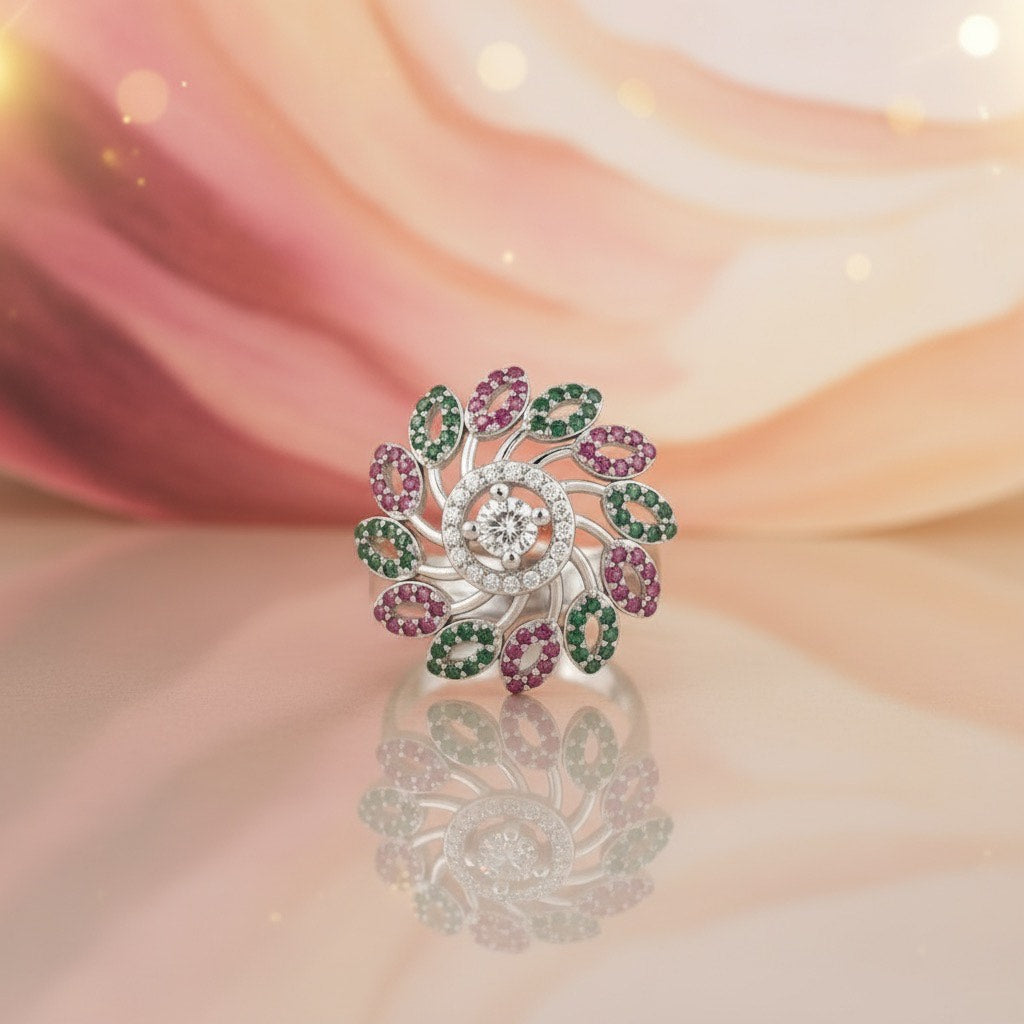 925 Silver Floral Multicolor Zircon Ring
