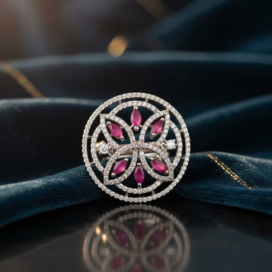 925 Silver Ruby Floral Round Ring