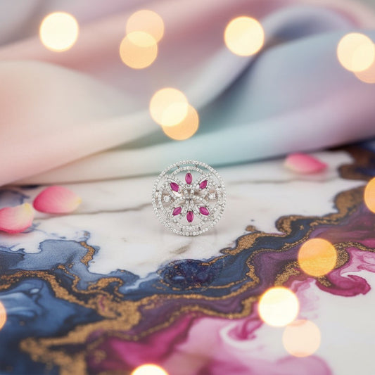 925 Silver Ruby Floral Round Ring