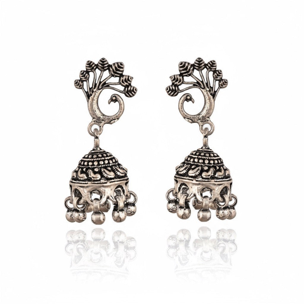 Rasvi Peacock Oxidized Silver Jhumka Earrings – Traditional Statement Jewelry