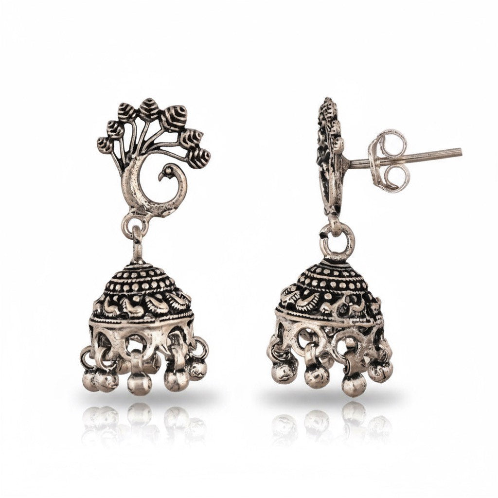 Rasvi Peacock Oxidized Silver Jhumka Earrings – Traditional Statement Jewelry
