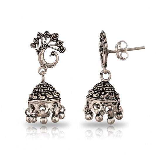 Rasvi Peacock Oxidized Silver Jhumka Earrings – Traditional Statement Jewelry