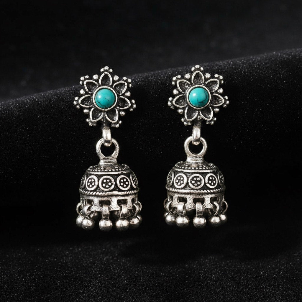 Oxidized Silver Jhumka Earrings with Turquoise Stone | Ethnic Boho Jewelry