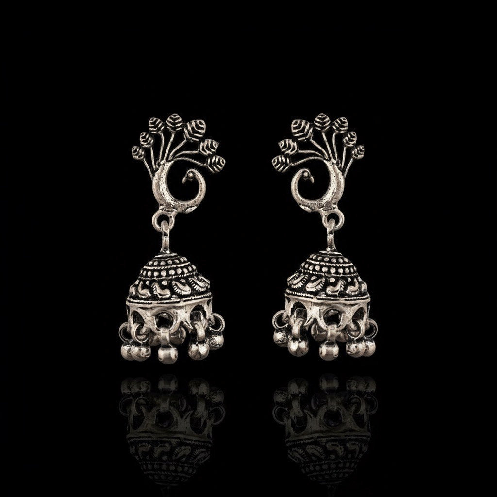 Rasvi Peacock Oxidized Silver Jhumka Earrings – Traditional Statement Jewelry